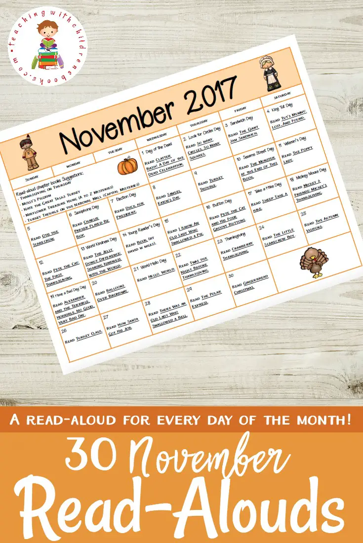 Books and activities to celebrate all month long! This November read aloud book and activity calendar is perfect for preschool and elementary classrooms.